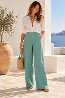 Bryn Walker Made in USA 100 % Linen Pull On Full Length Wide Leg Pants Blue XL
